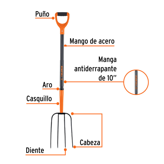Bieldo para paja, 4 dientes, mgo largo de acero 48' 102100 BPJ-4M