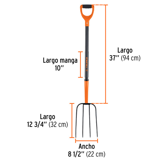 Bieldo para paja, 4 dientes, mgo largo de acero 48' 102100 BPJ-4M
