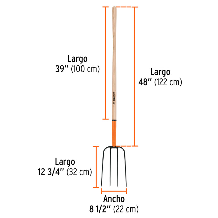 Bieldo para paja, 4 dientes, mgo largo 48', Truper 11003 BPJ-4