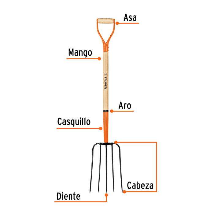 Bieldo para paja, 5 dientes, mgo 34', puño 'Y', Truper 11015 BPJ-5C