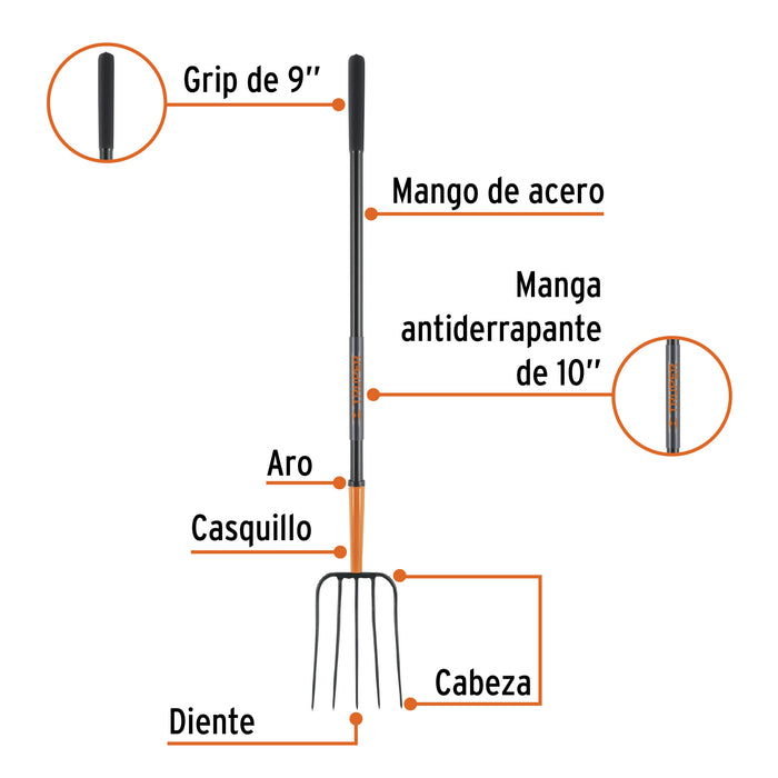 Bieldo para paja, 5 dientes, mgo largo 48', Truper 11006 BPJ-5