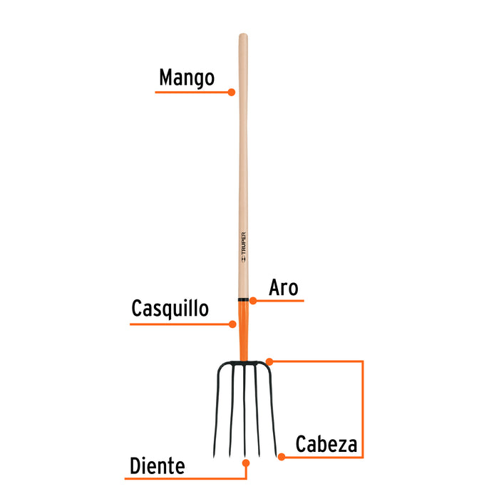 Bieldo para paja, 5 dientes, mgo largo 48', Truper 11006 BPJ-5