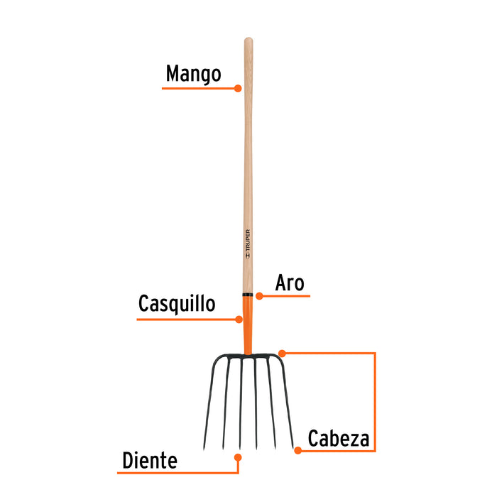 Bieldo para paja, 6 dientes, mgo largo 48', Truper 11009 BPJ-6