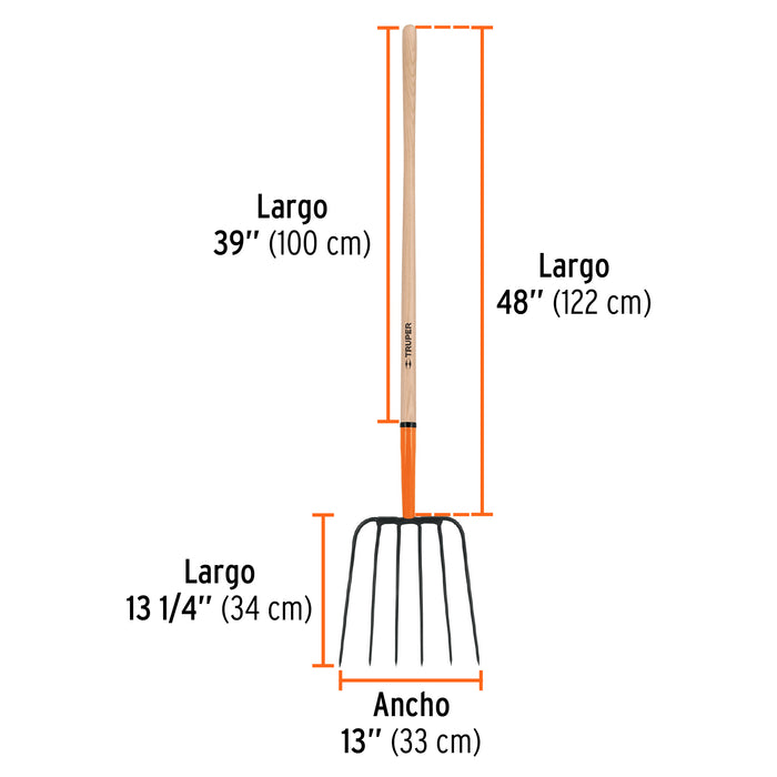 Bieldo para paja, 6 dientes, mgo largo 48', Truper 11009 BPJ-6