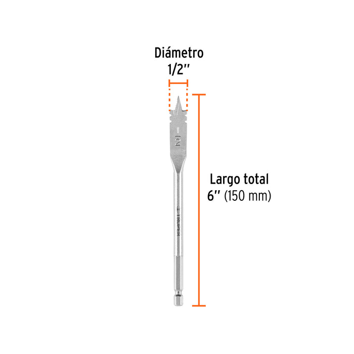 Broca plana de manita 1/2' para madera, Truper Código: 11372
