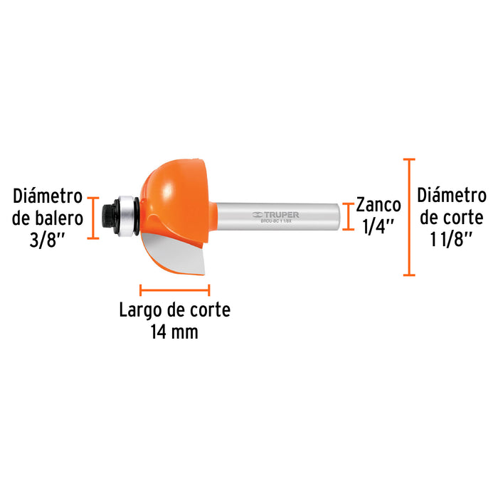 Broca para router, bocel cuarto, 1-1/8' con balero, Truper Código: 11485