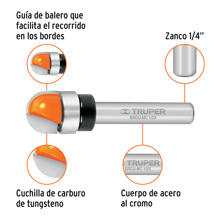 Broca para router, media caña, 1/2' con balero, Truper Código: 11464