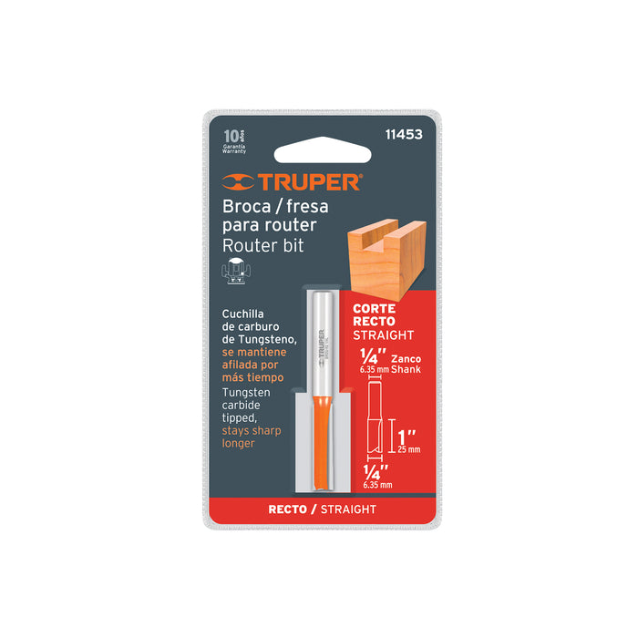 Broca para router, recta 2 filos, 1/4', larga, Truper Código: 11453