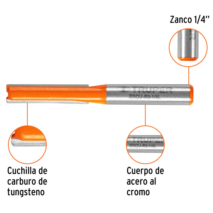 Broca para router, recta 2 filos, 1/4', larga, Truper Código: 11453