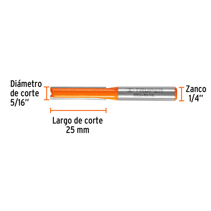 Broca para router, recta 2 filos, 1/4', larga, Truper Código: 11453