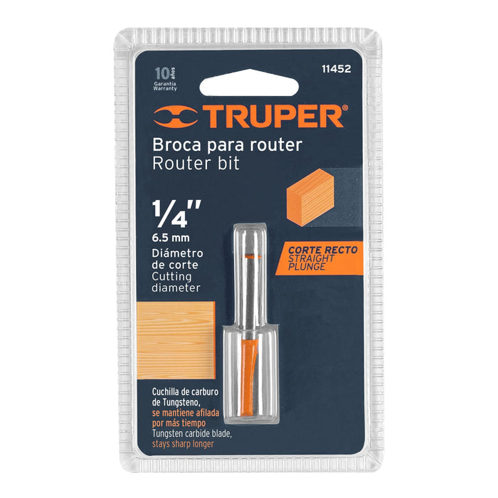 Broca para router, recta 2 filos, 1/4', mediana, Truper Código: 11452