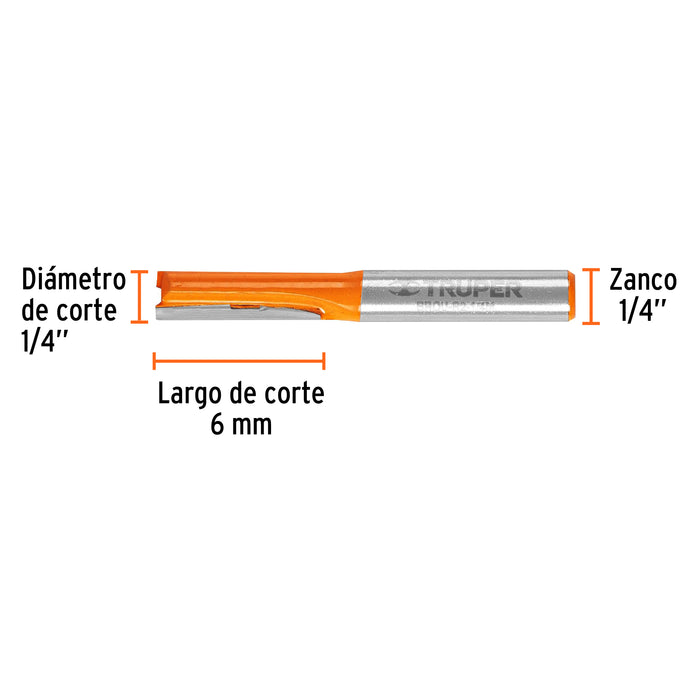 Broca para router, recta 2 filos, 1/4', mediana, Truper Código: 11452