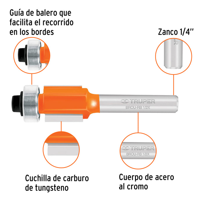 Broca para router, corte recto, 1/2' con balero, Truper Código: 11444