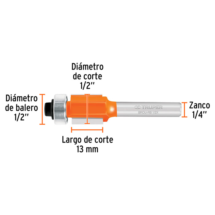 Broca para router, corte recto, 1/2' con balero, Truper Código: 11444