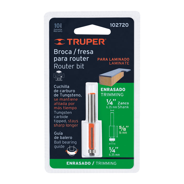 Broca para router, corte recto, 1/4' con balero, Truper Código: 102720