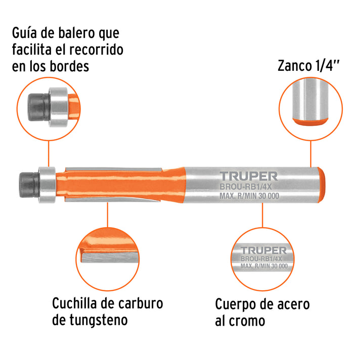 Broca para router, corte recto, 1/4' con balero, Truper Código: 102720