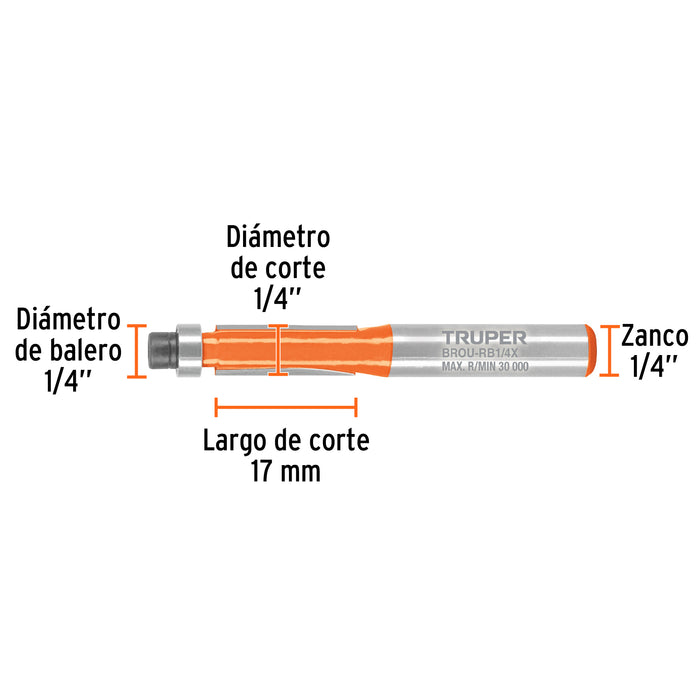Broca para router, corte recto, 1/4' con balero, Truper Código: 102720