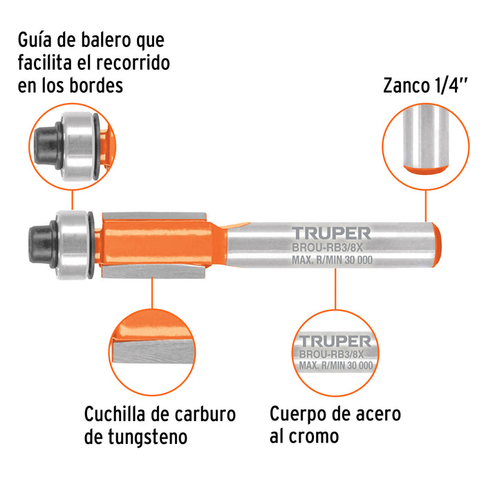 Broca para router, corte recto, 3/8' con balero, Truper Código: 102721