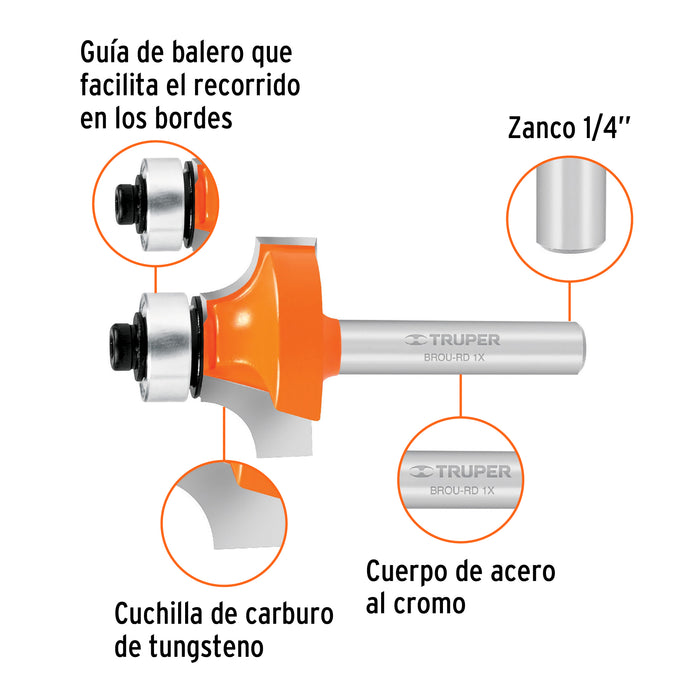 Broca para router, redondeado, 1' con balero, Truper 11469 BROU-RD1X