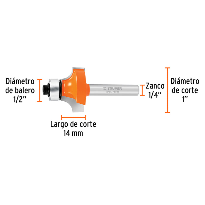 Broca para router, redondeado, 1' con balero, Truper 11469 BROU-RD1X