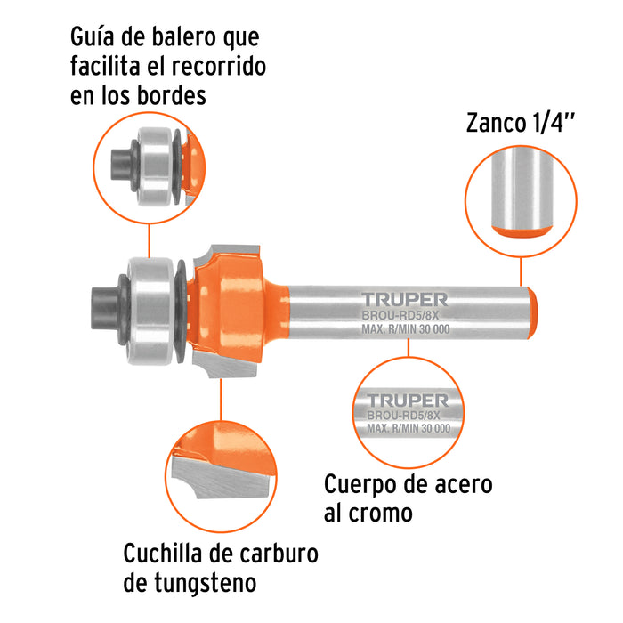 Broca para router, redondeado, 5/8' con balero, Truper Código: 102726