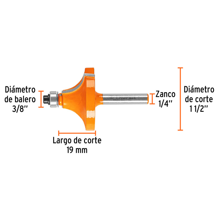 Broca para router, redondeado con moldura, 1-1/2' con balero Código: 11474