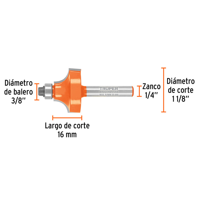 Broca para router, redondeado con moldura, 1-1/8' con balero Código: 102725
