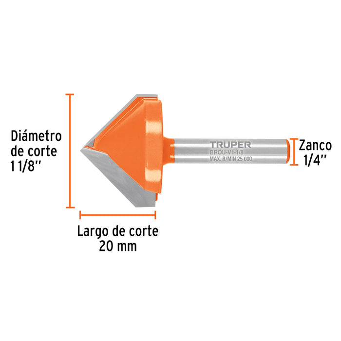 Broca para router, corte en 'V', 1-1/8', Truper Código: 102719