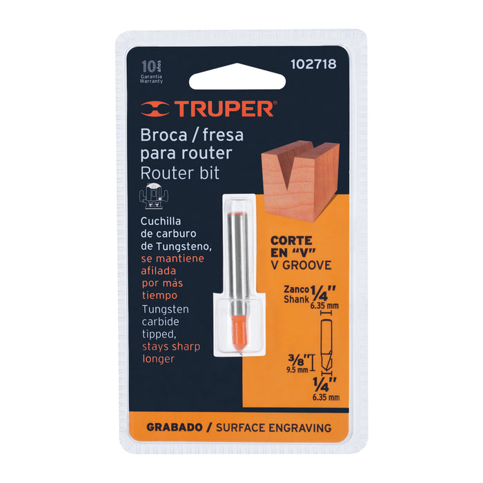 Broca para router, corte en 'V', 1/4', Truper Código: 102718