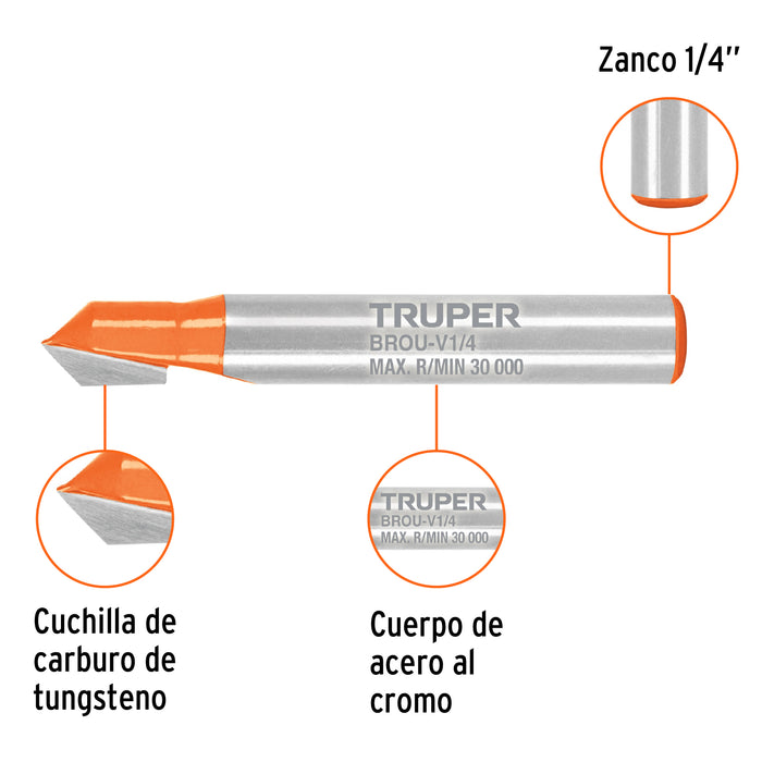 Broca para router, corte en 'V', 1/4', Truper Código: 102718
