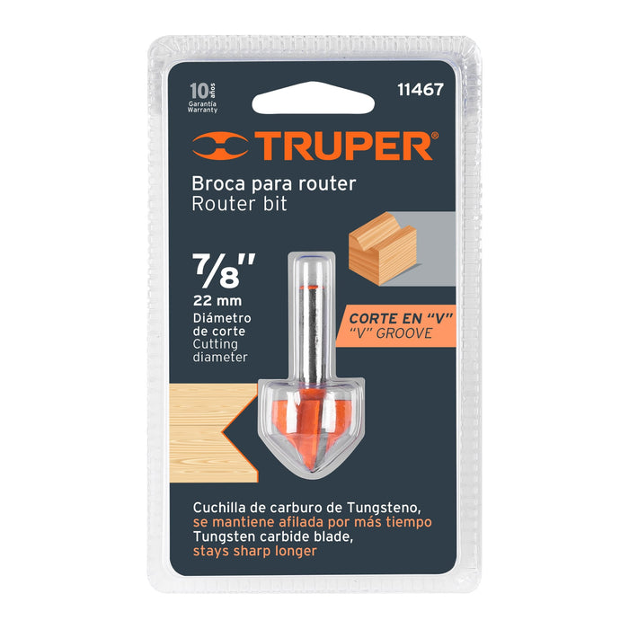Broca para router, corte en 'V', 7/8', Truper Código: 11467