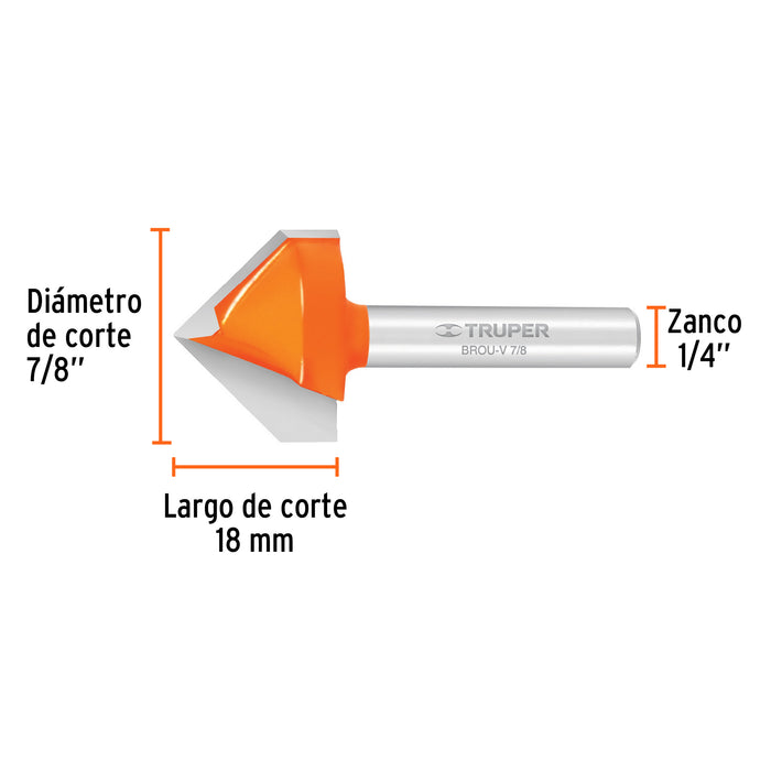 Broca para router, corte en 'V', 7/8', Truper Código: 11467