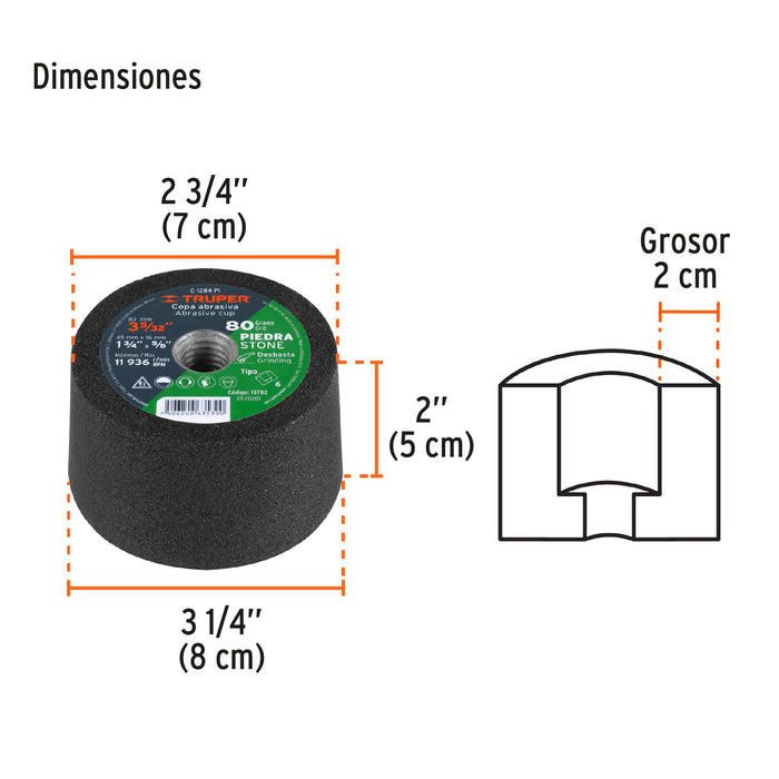 Copa desbaste de piedra 3-5/32' grano 80, eje 5/8-11, Truper 13782 C-1284-PI