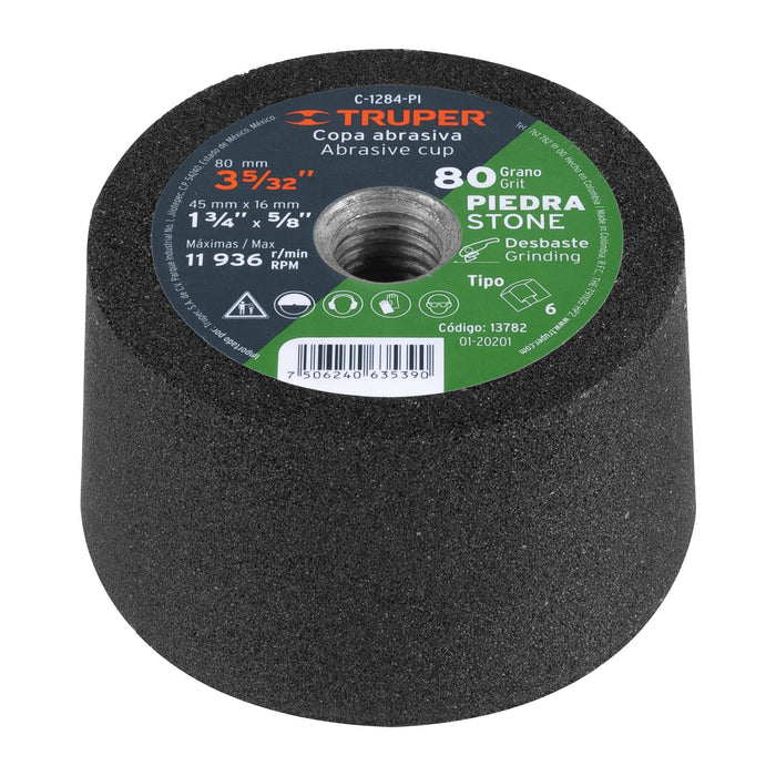 Copa desbaste de piedra 3-5/32' grano 80, eje 5/8-11, Truper 13782 C-1284-PI