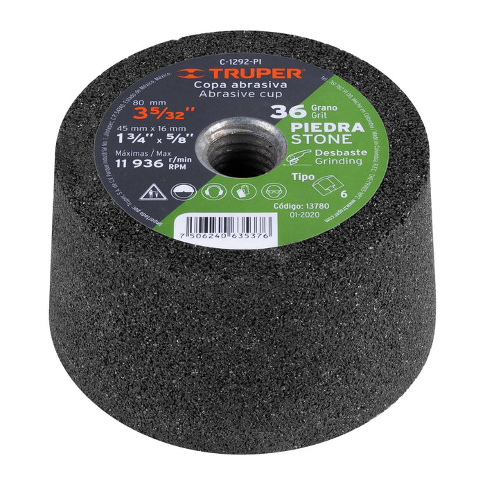 Copa desbaste de piedra 3-5/32' grano 36, eje 5/8-11, Truper 13780 C-1292-PI