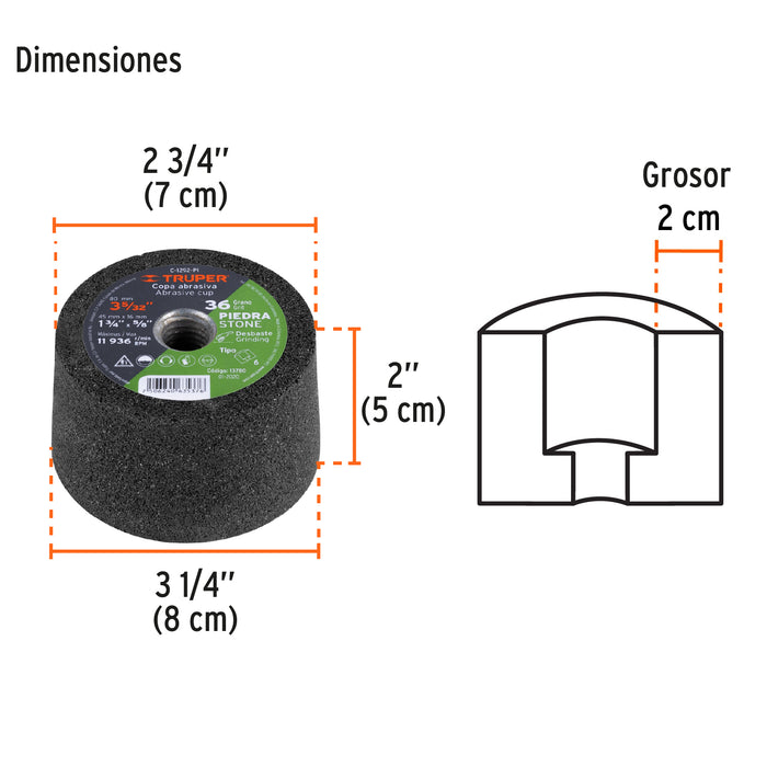 Copa desbaste de piedra 3-5/32' grano 36, eje 5/8-11, Truper 13780 C-1292-PI