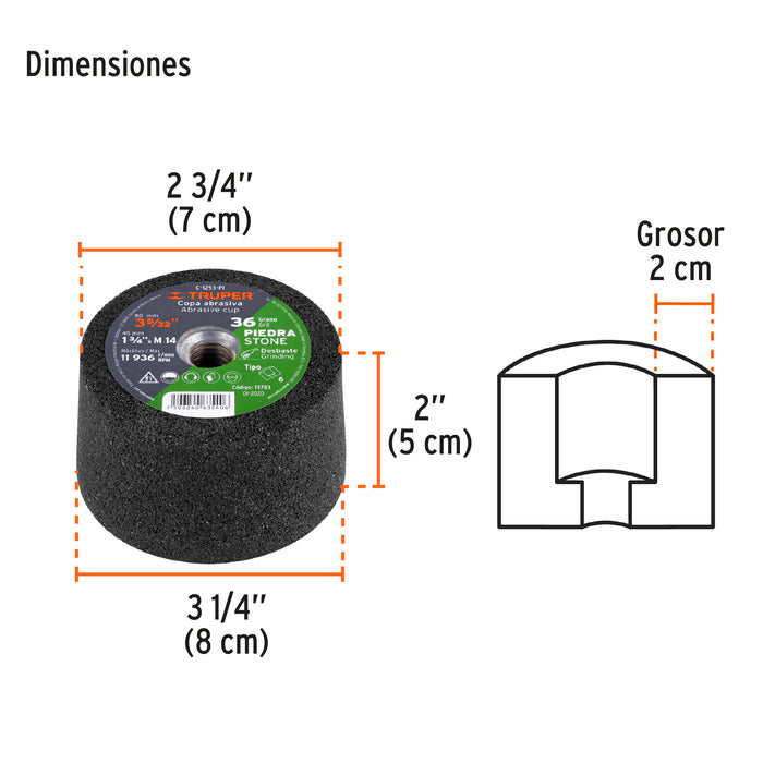 Copa desbaste de piedra 3-5/32' grano 36, eje M14, Truper 13783 C-1293-PI