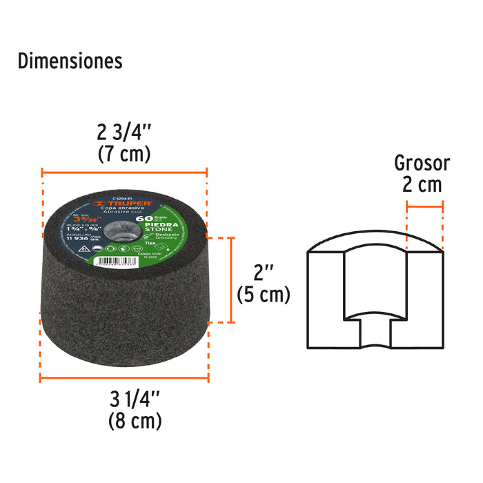 Copa desbaste de piedra 3-5/32' grano 60, eje 5/8-11, Truper 13781 C-1294-PI