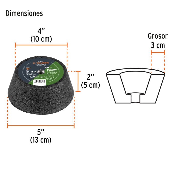 Copa desbaste de piedra 5' grano 24, eje M14, Truper 13791 C-346-PI