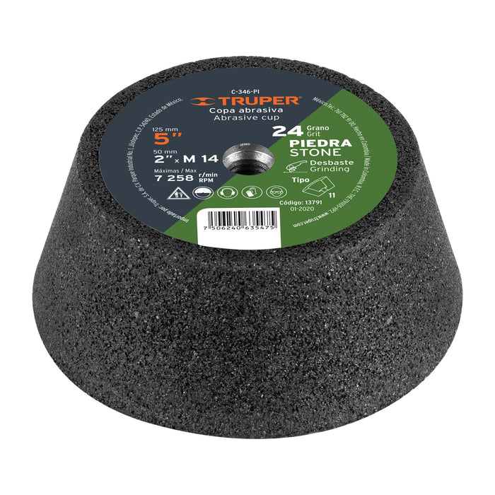 Copa desbaste de piedra 5' grano 24, eje M14, Truper 13791 C-346-PI