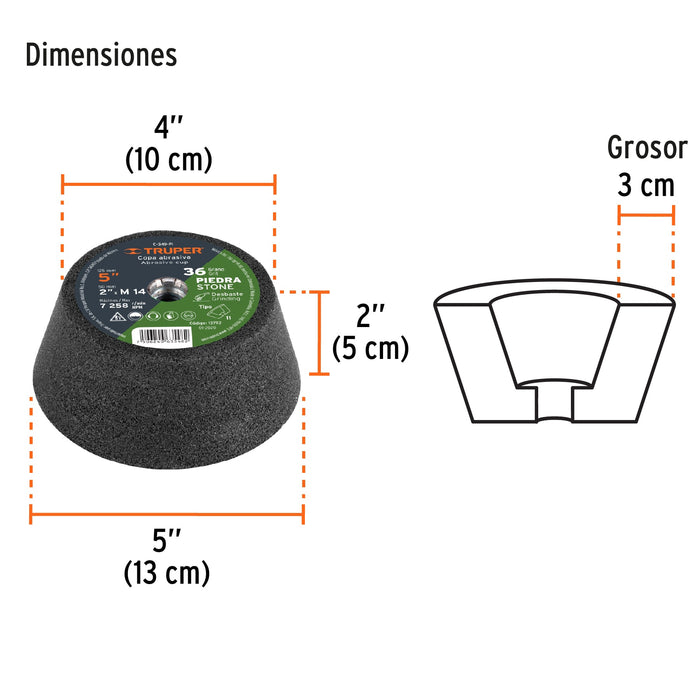 Copa desbaste de piedra 5' grano 36, eje M14, Truper 13792 C-349-PI