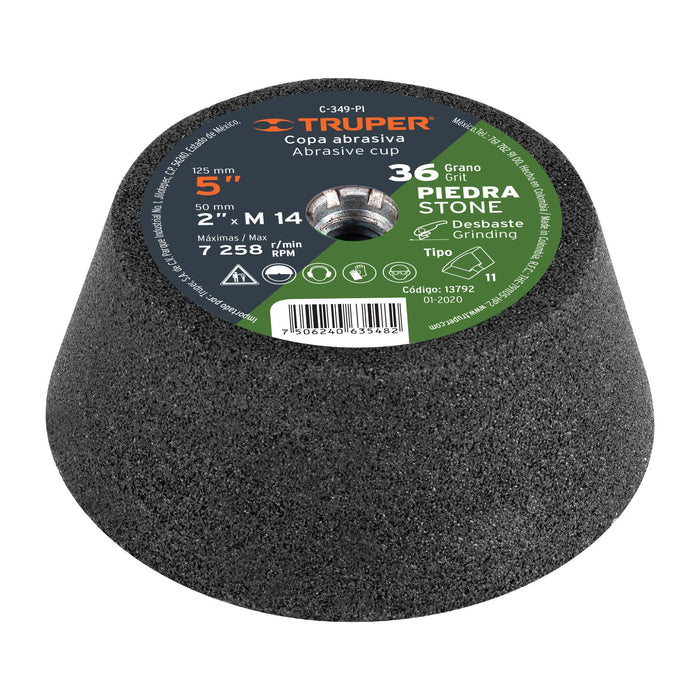Copa desbaste de piedra 5' grano 36, eje M14, Truper 13792 C-349-PI