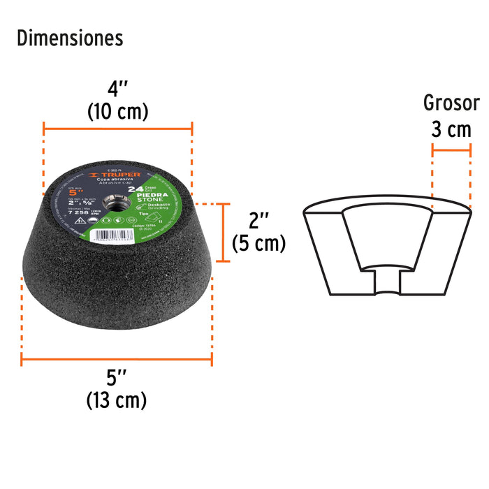Copa desbaste de piedra 5' grano 24, eje 5/8-11, Truper 13786 C-352-PI