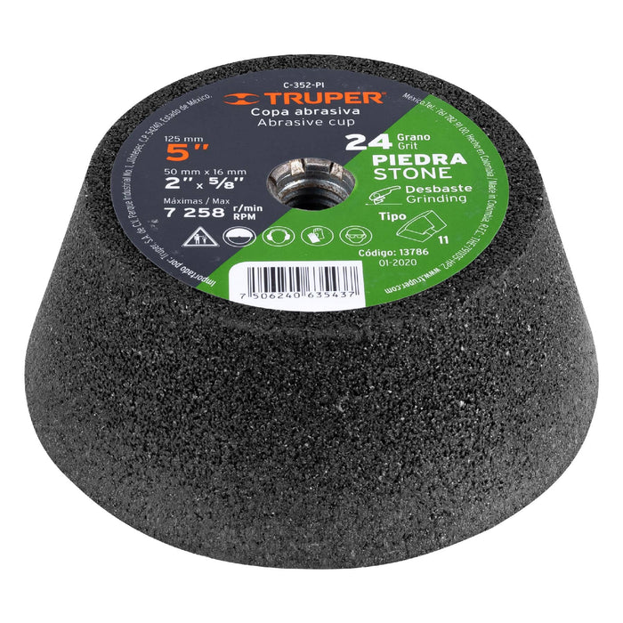 Copa desbaste de piedra 5' grano 24, eje 5/8-11, Truper 13786 C-352-PI