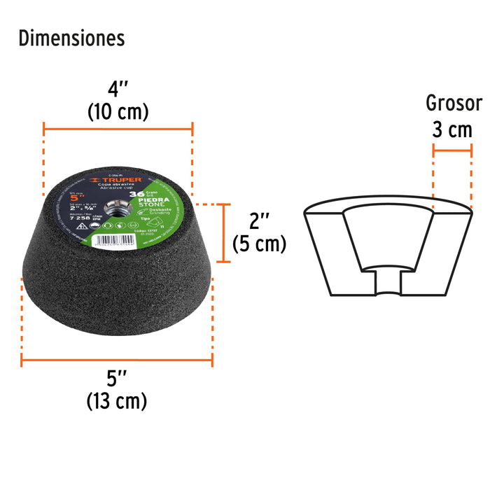 Copa desbaste de piedra 5' grano 36, eje 5/8-11, Truper 13787 C-356-PI