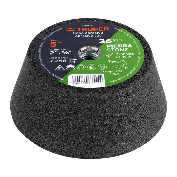 Copa desbaste de piedra 5' grano 36, eje 5/8-11, Truper 13787 C-356-PI