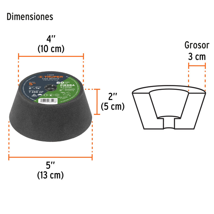 Copa desbaste de piedra 5' grano 80, eje 5/8-11, Truper 13789 C-364-PI