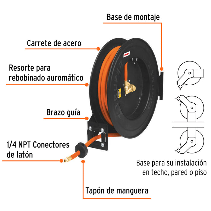 Manguera para compresor,de hule,15m x 3/8',carrete retráctil 10388 CAMAI-15