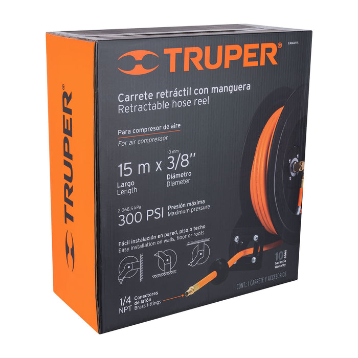 Manguera para compresor,de hule,15m x 3/8',carrete retráctil 10388 CAMAI-15