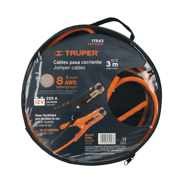Cables pasa corriente 3 m, 225 A, 8 AWG, con funda, Truper 17543 CAP-3008T